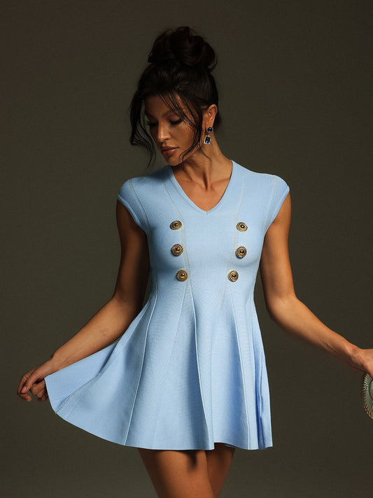 Tameron Mavi Düğmeli V Yaka Örme Mini Elbise
