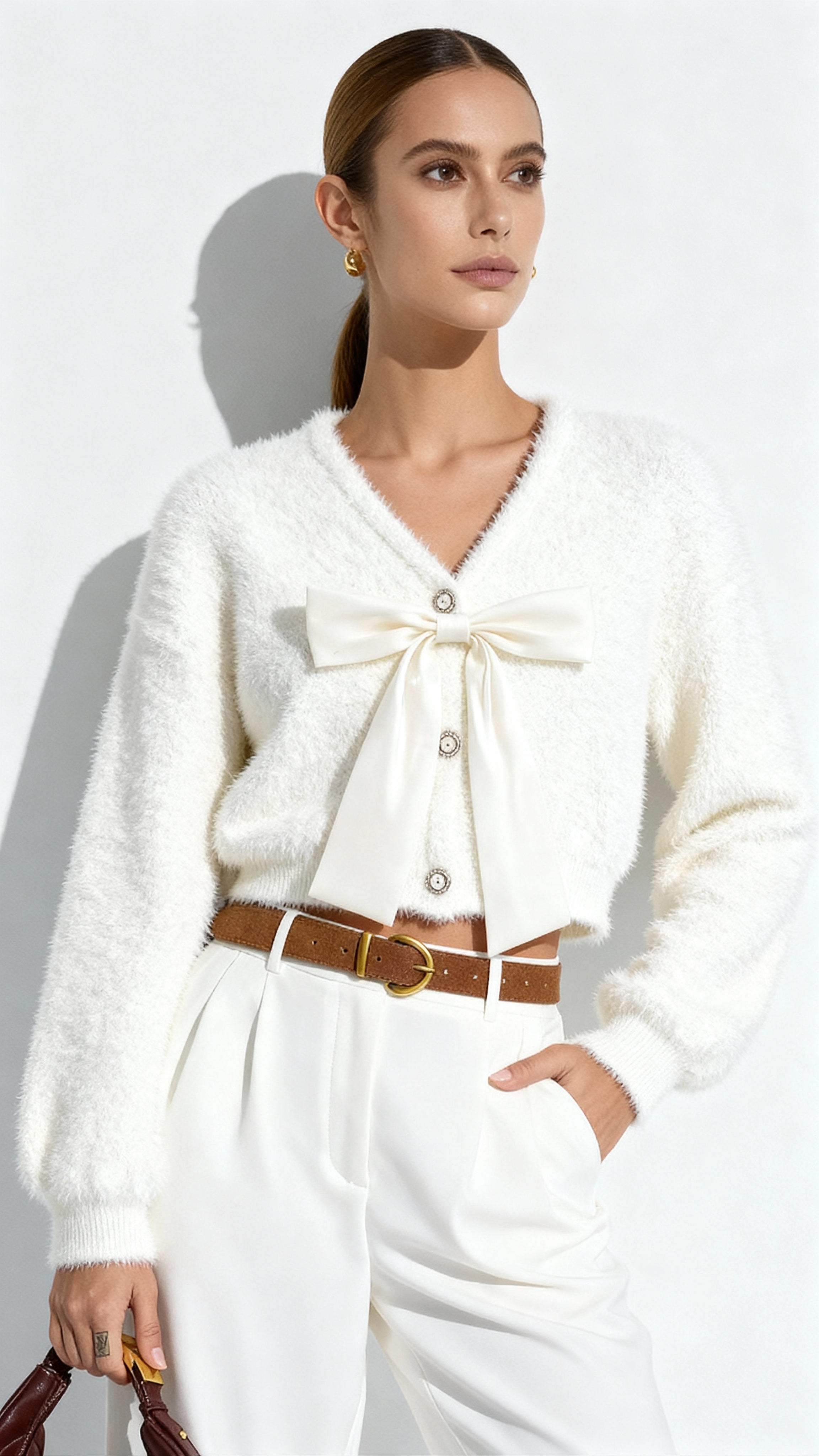 Fiyonk Detaylı Örgü Hırka Pembe V Yaka Uzun Kol