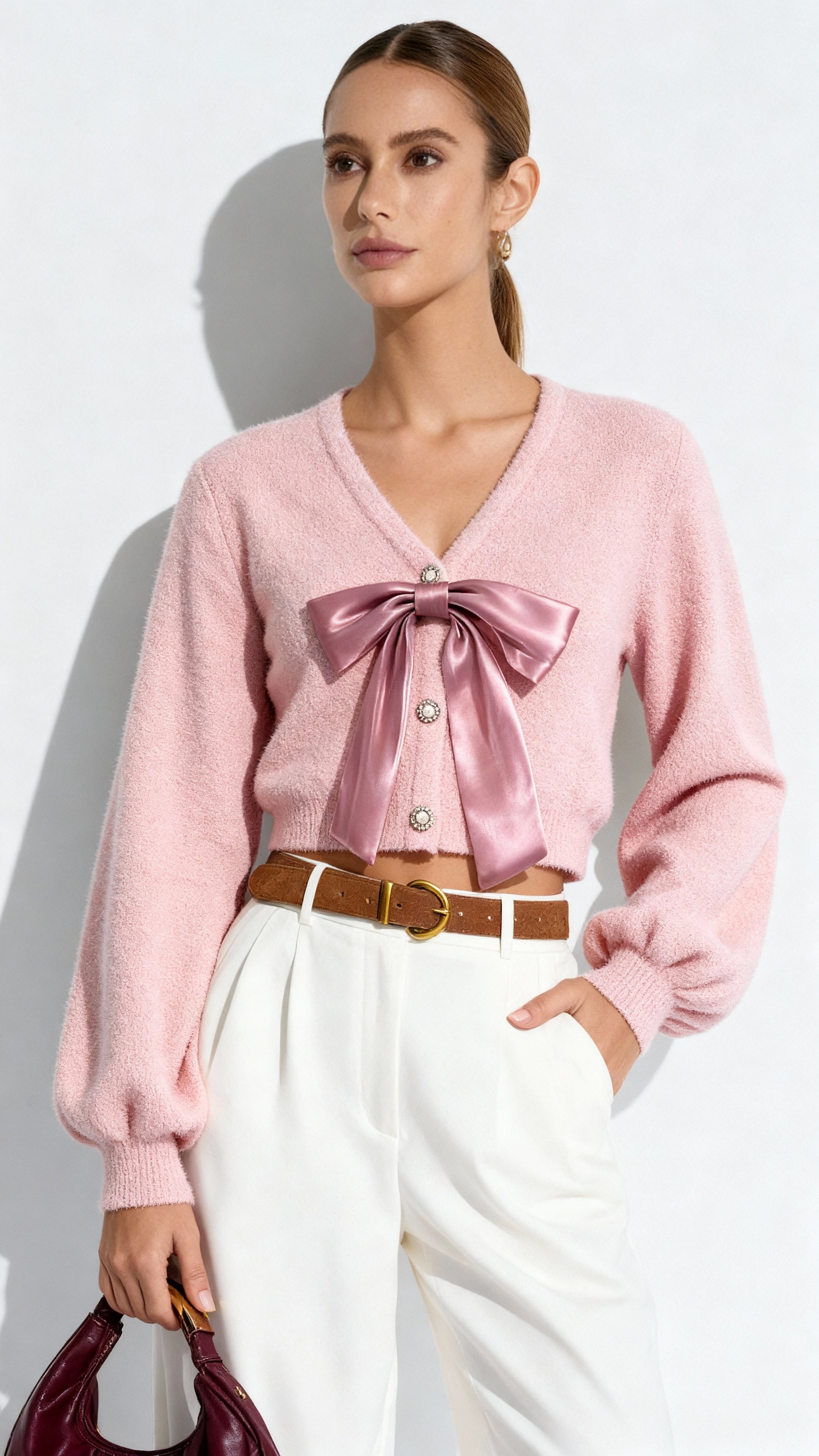 Fiyonk Detaylı Örgü Hırka Pembe V Yaka Uzun Kol