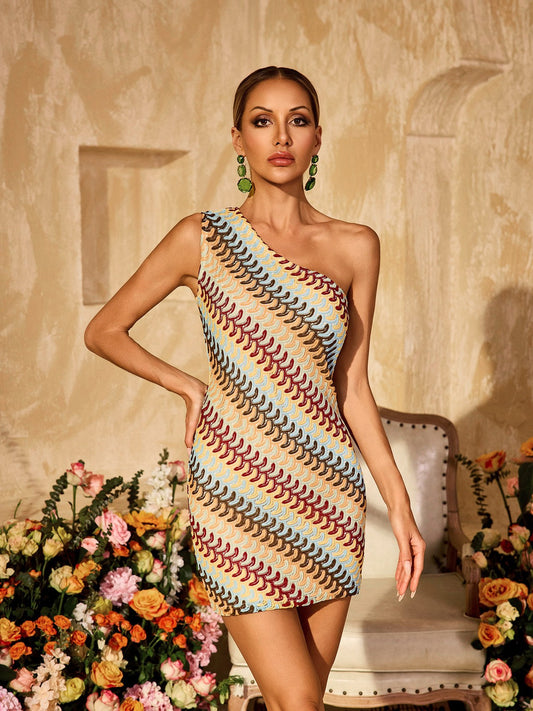 Yvoryth Bir Omuzlu Örgü Mini Elbise