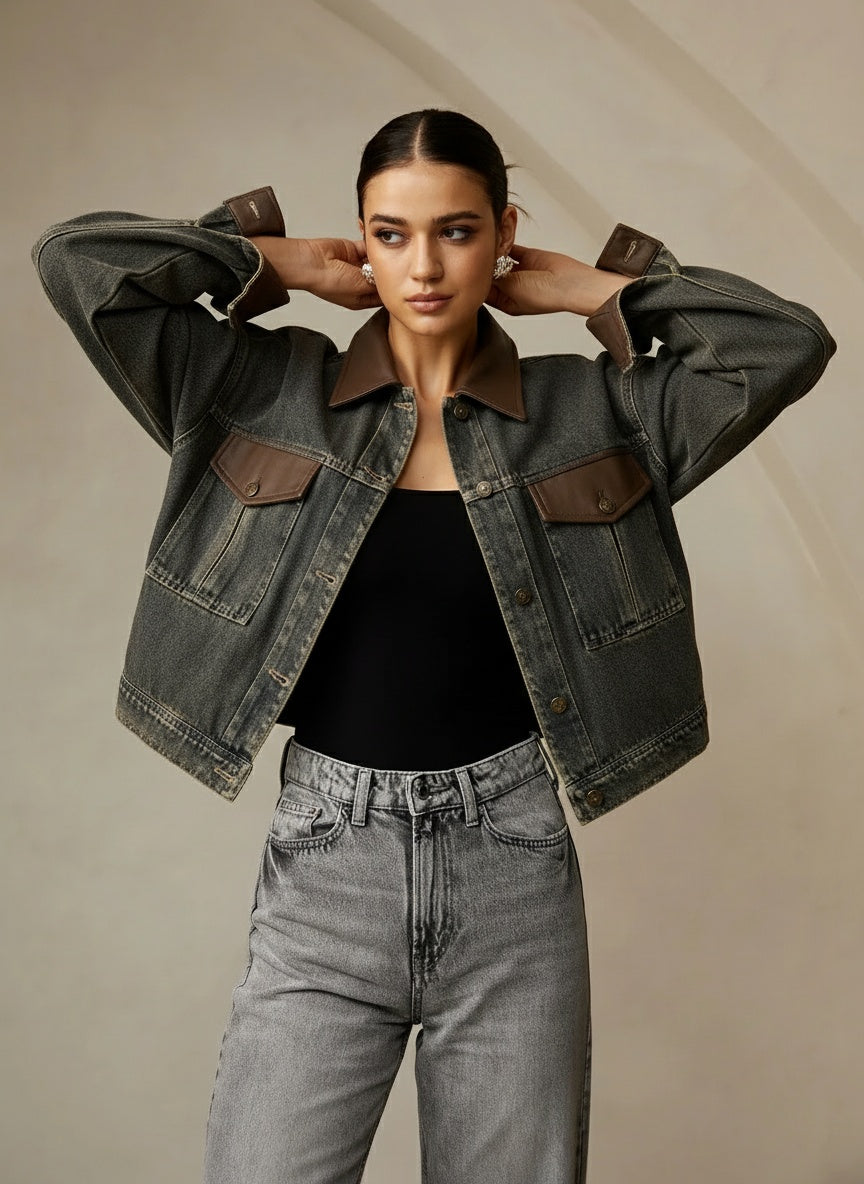 Vintage Kontrast Süslü Yaka Denim Ceket Koyu Kahverengi Uzun Kol