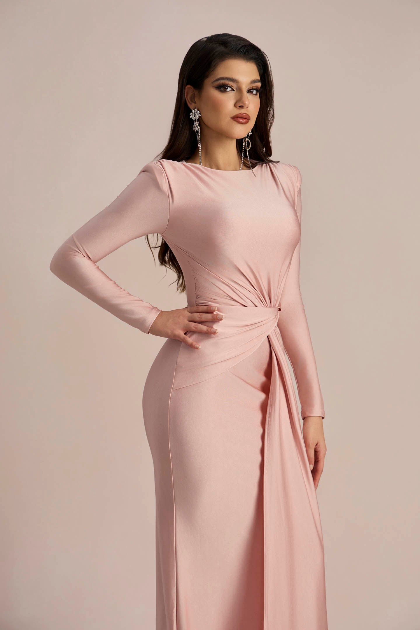 Amanda Uzun Kollu Büküm Önü Maxi Elbise