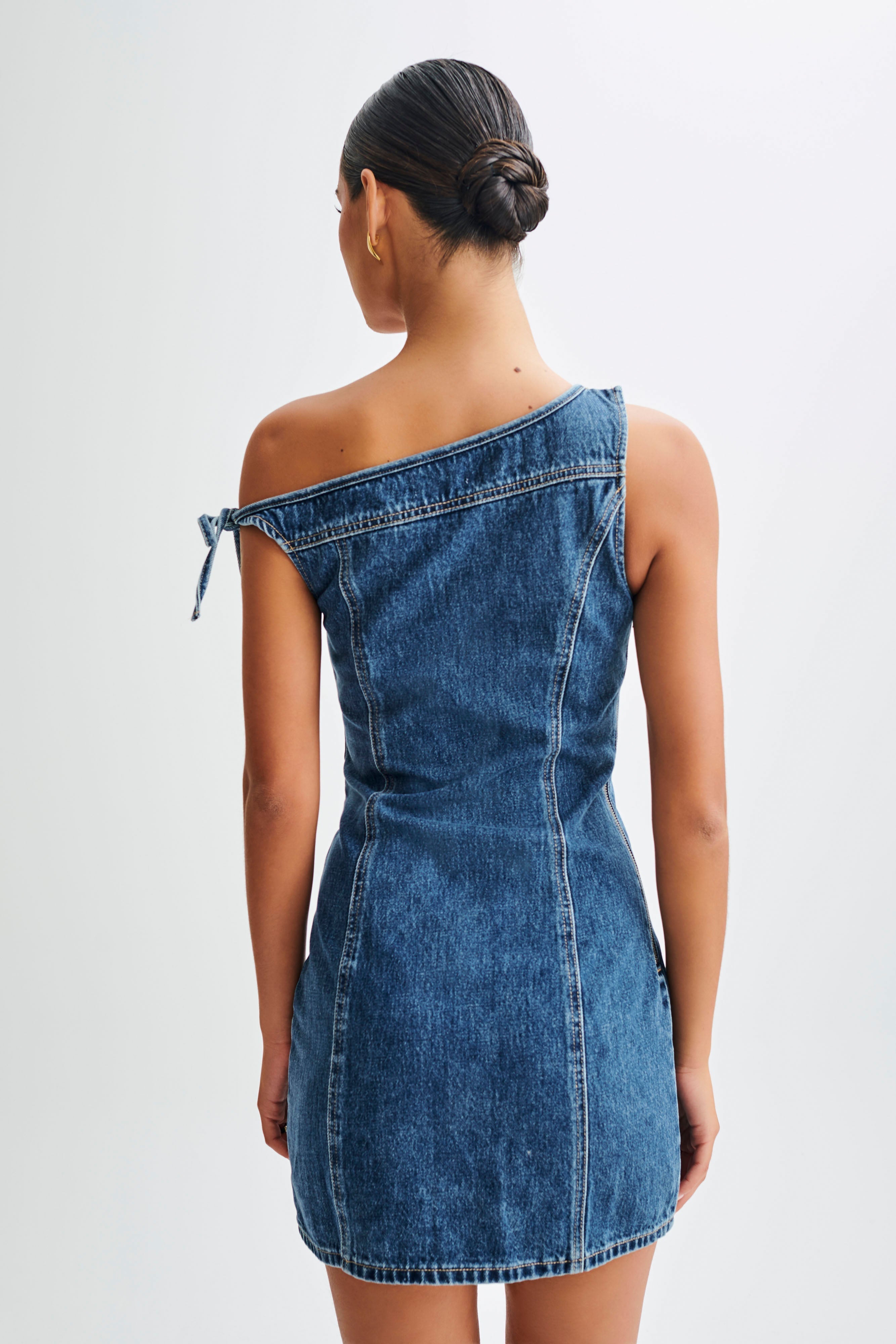 Baker Düşük Omuz Denim Mini Elbise - Koyu Mavi