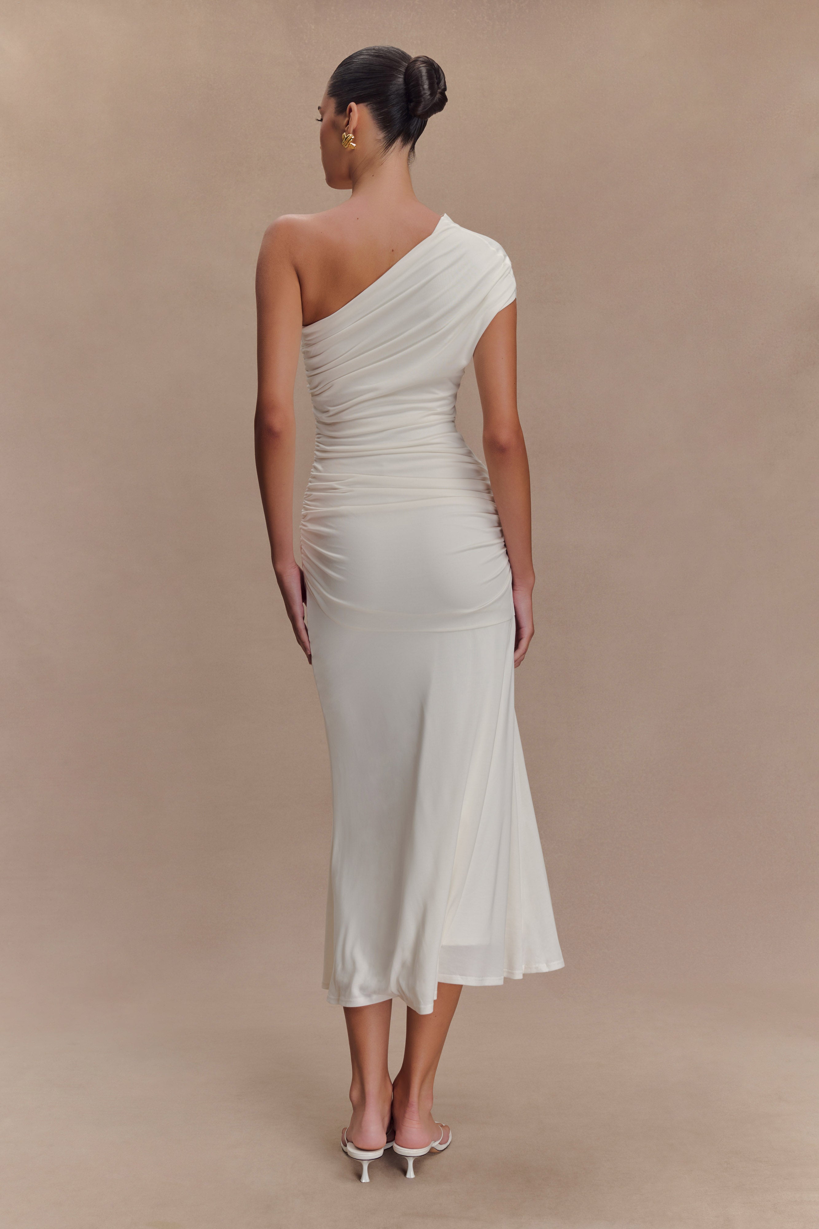 Chloe Şeftali Jersey Tek Omuz Midi Elbise - Fildişi