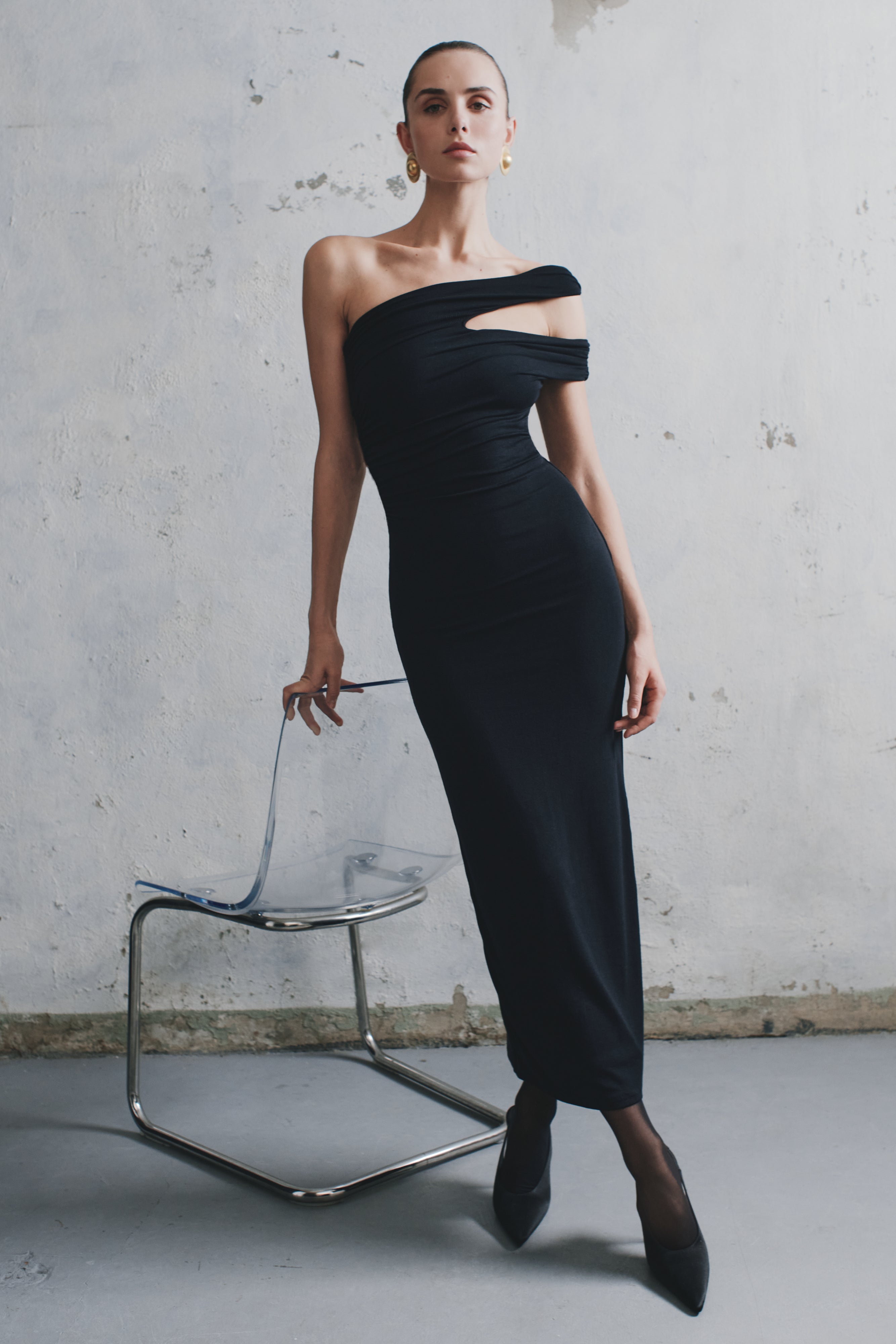 Anastasia Tek Omuz Modal Midi Elbise - Siyah