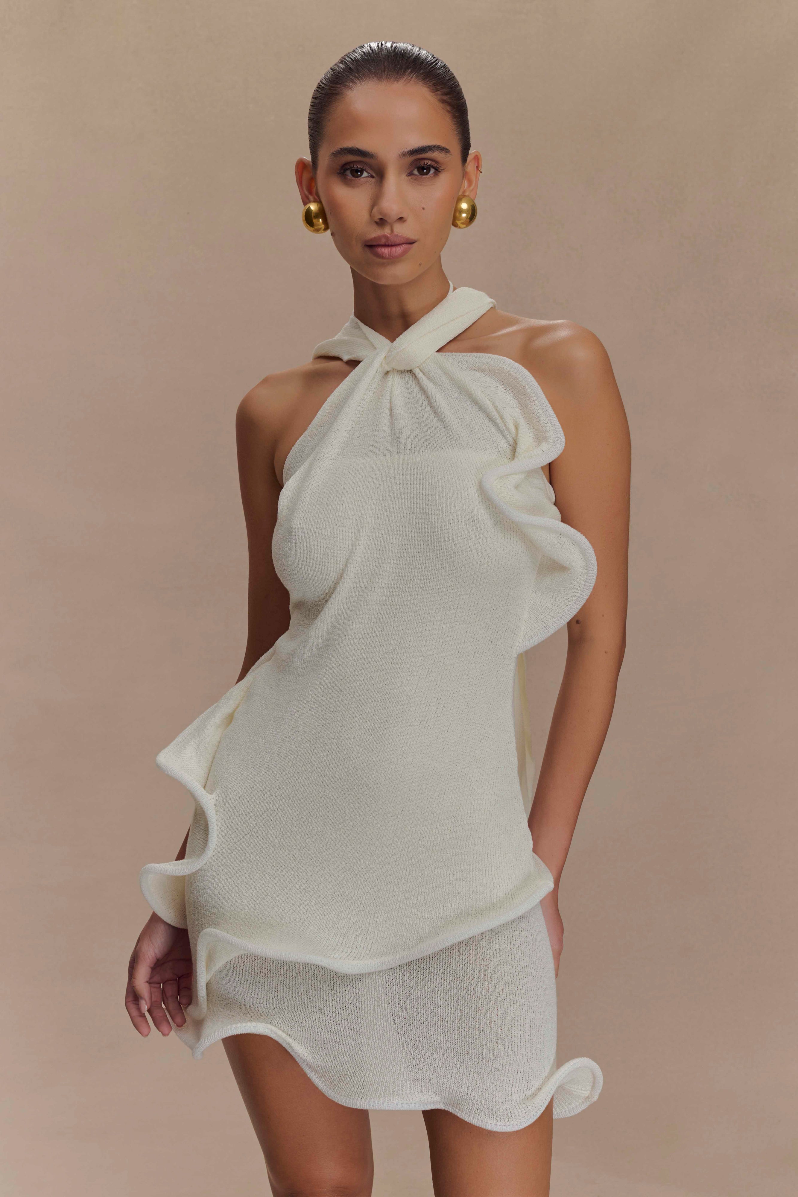 Caprice Beyaz Halter Yaka Triko Mini Elbise