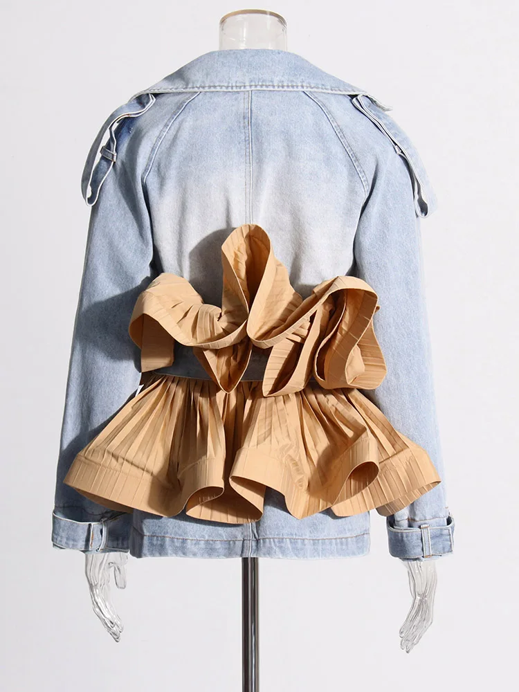 Pileli Volanlı Denim Uzun Kollu bağcıklı Ceket