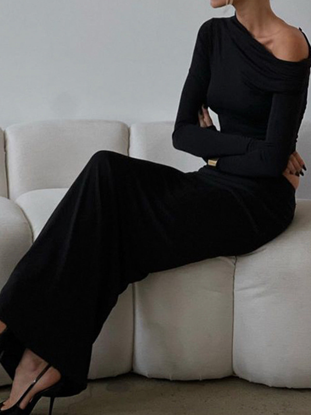Tek Omuz Jarse Maxi Etek Takım Siyah Asimetrik