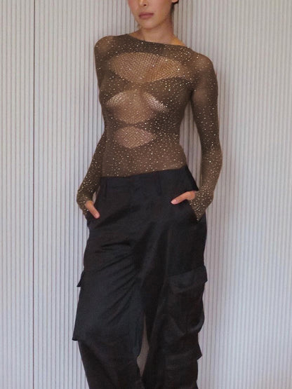 Parlak Taşlı Transparan Bodysuit