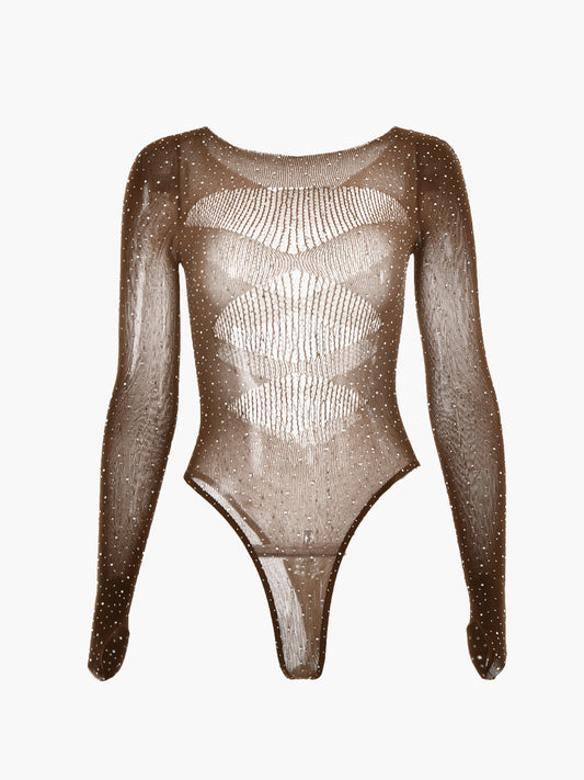 Parlak Taşlı Transparan Bodysuit