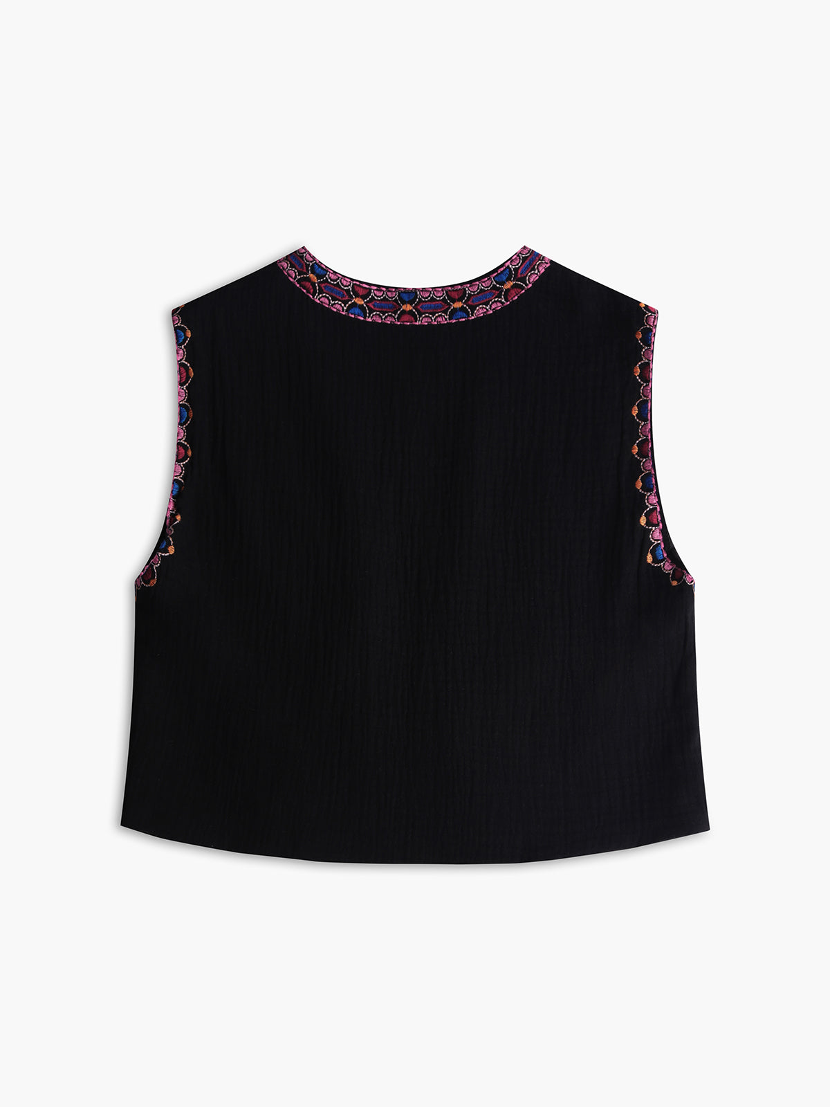 Çiçek Nakışlı Önü Açık Yelek Siyah Kolsuz