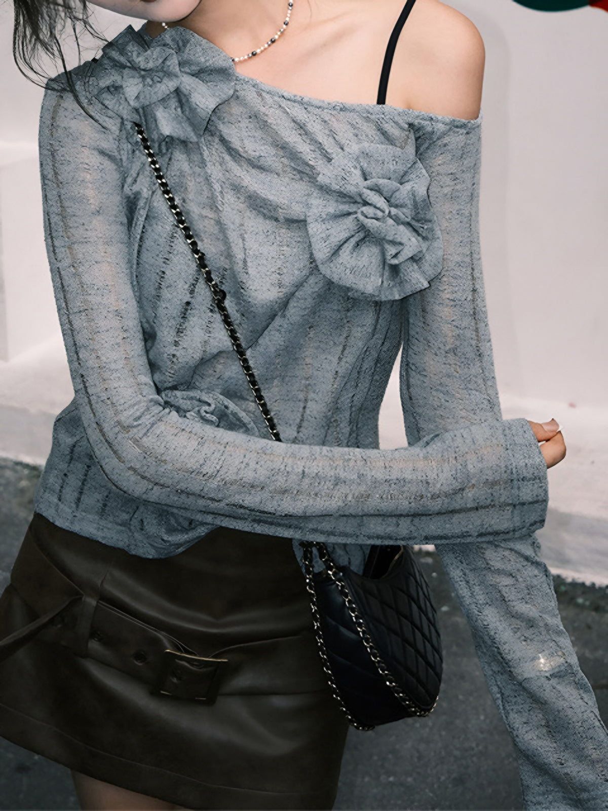 Asimetrik Çiçekli Örme Kazak Mavi Uzun Kol