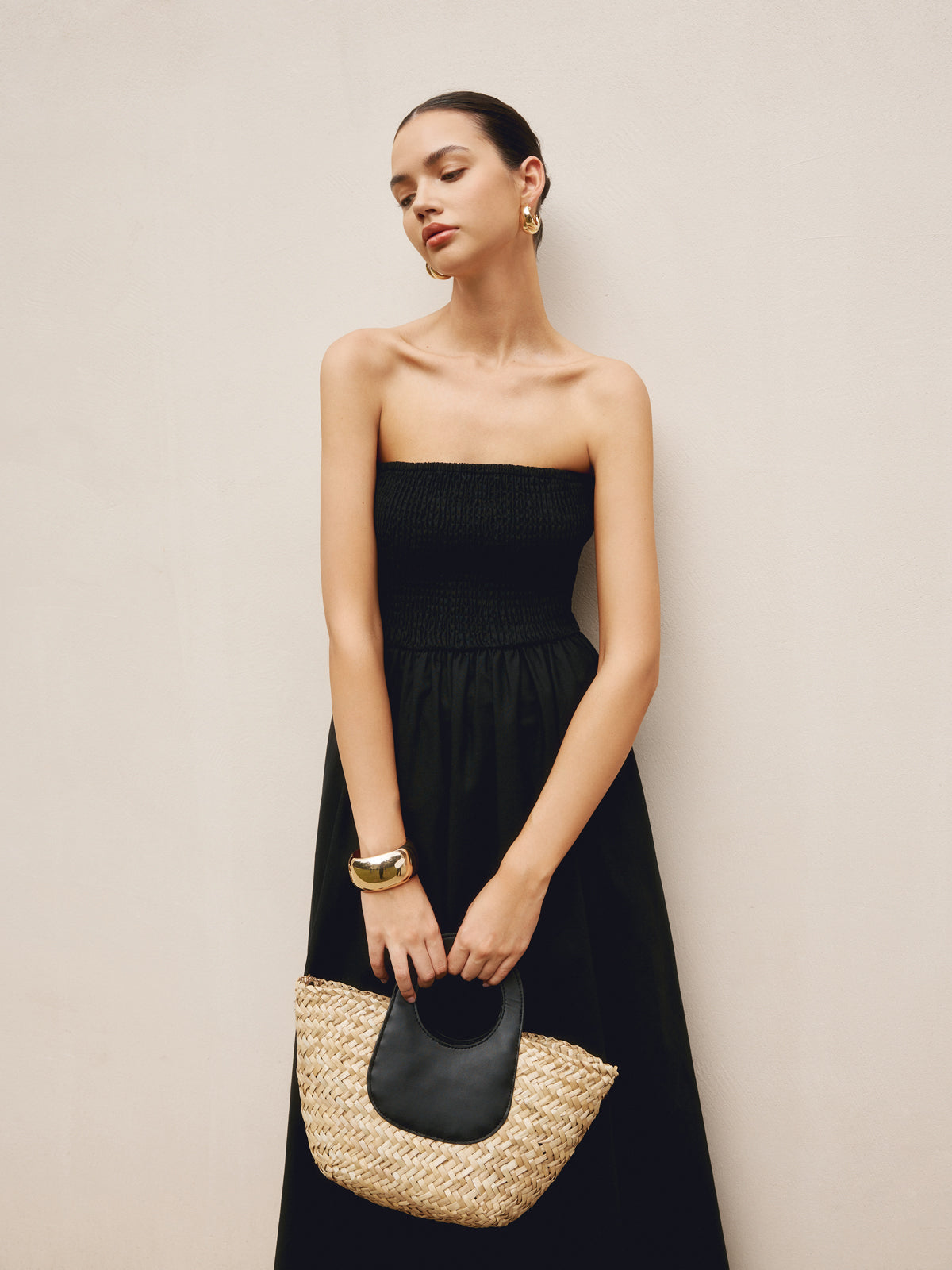Çift Askılı Mini Sepet Çanta Siyah Saman Örgü