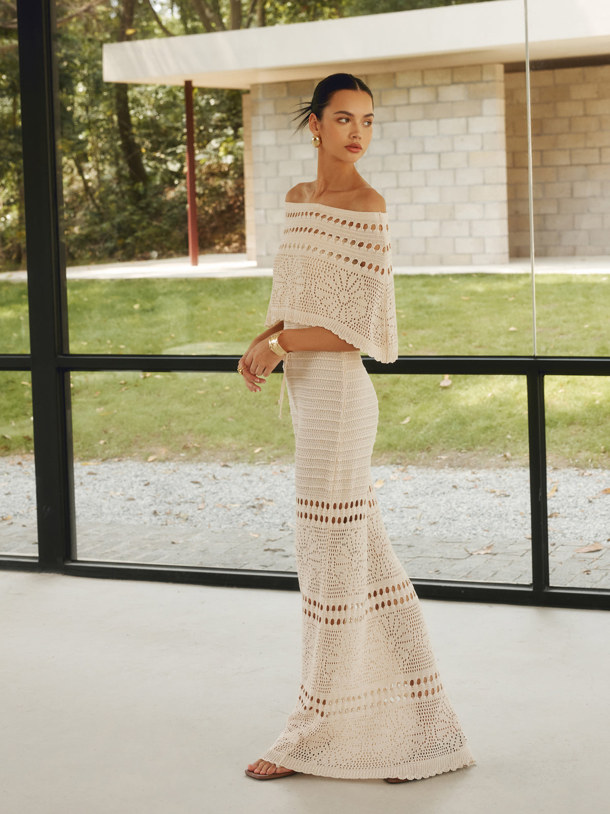 Şallı Omuz Açık Maxi Elbise Kayısı Örme