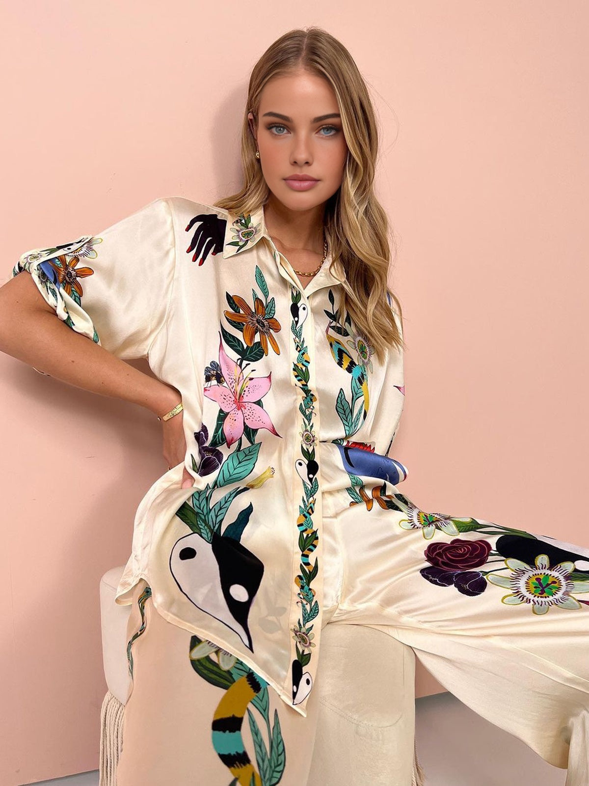 Çiçek Desenli Saten Pantolon Takım Çok Renkli Bohemian