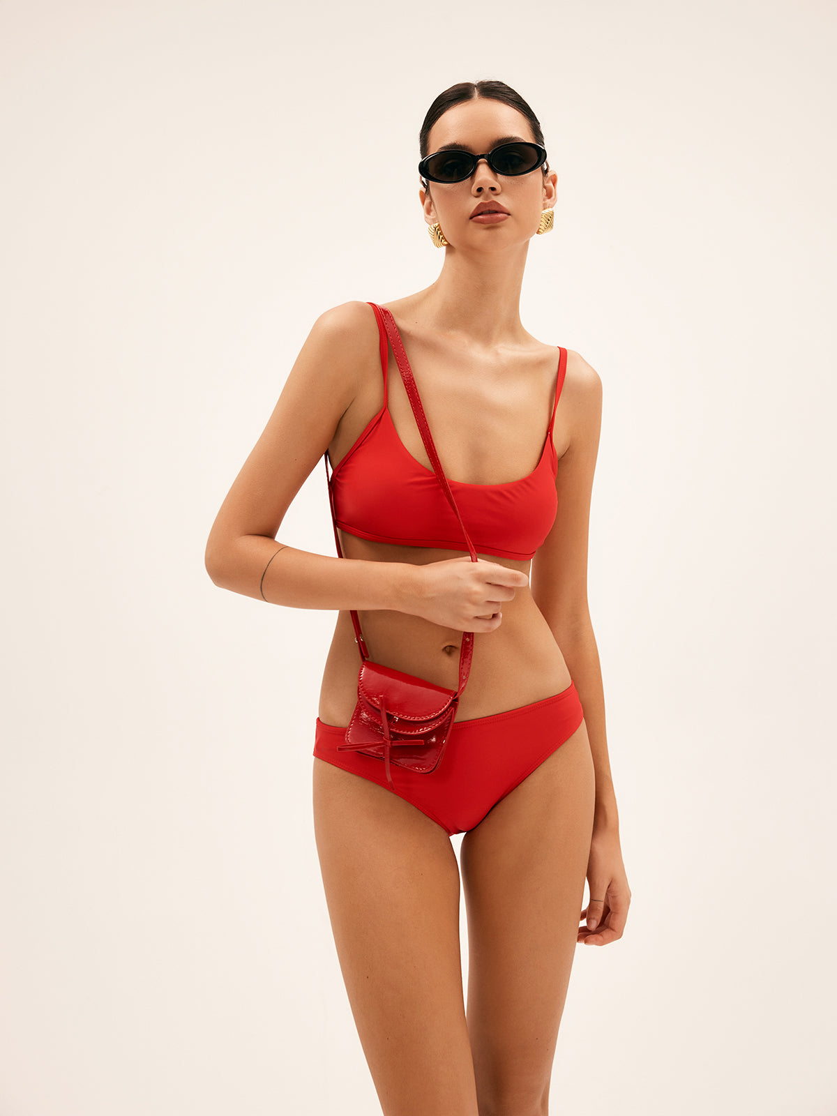 Fiyonklu Mini Çapraz Çanta Kırmızı Poliüretan