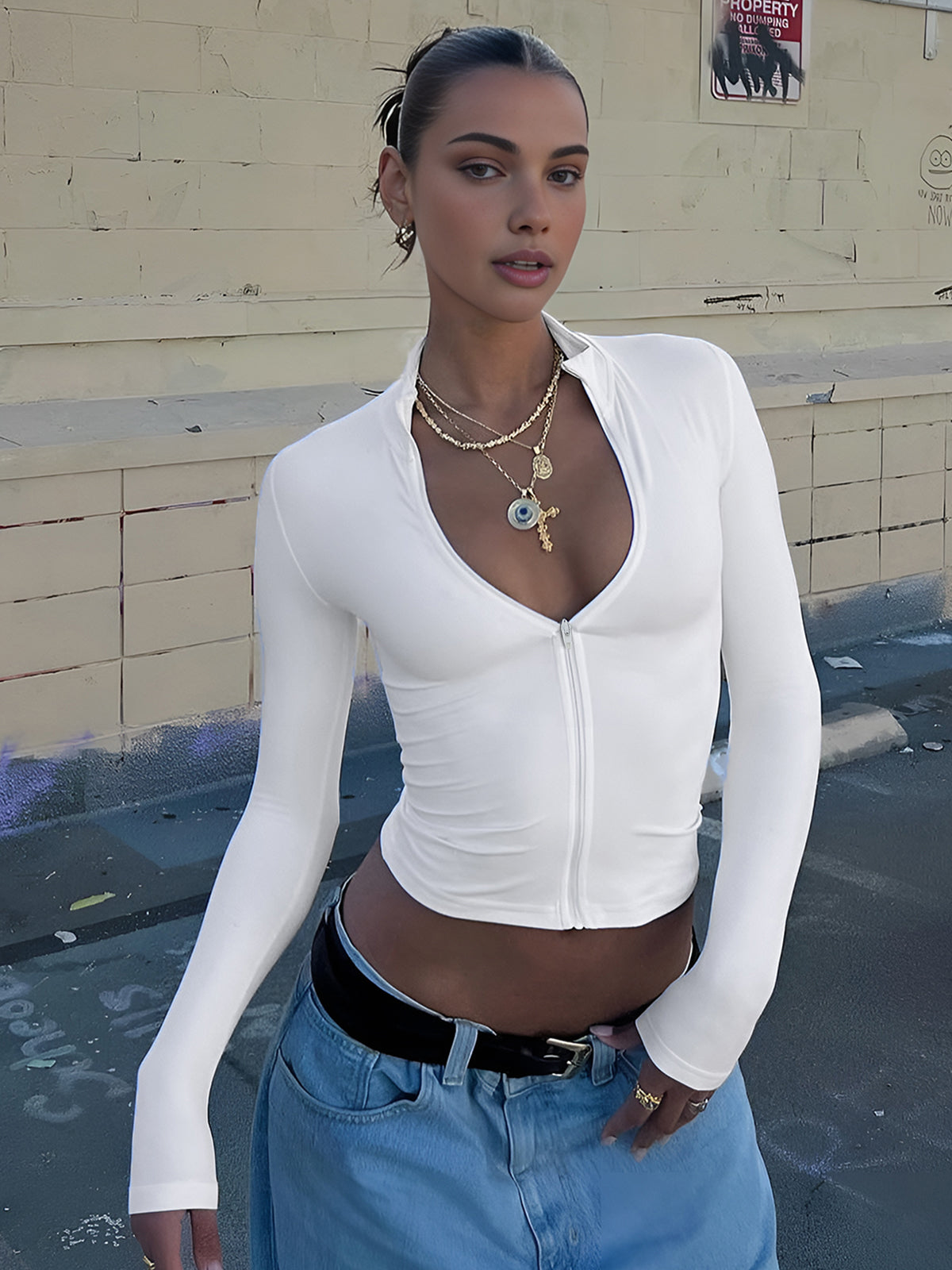 Fermuar Detaylı Uzun Kollu Bluz Beyaz Slim Fit