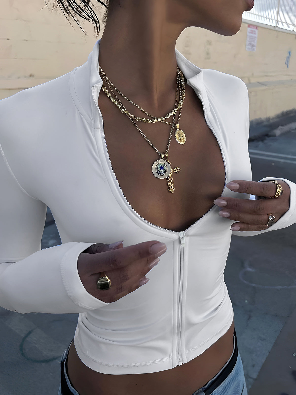 Fermuar Detaylı Uzun Kollu Bluz Beyaz Slim Fit