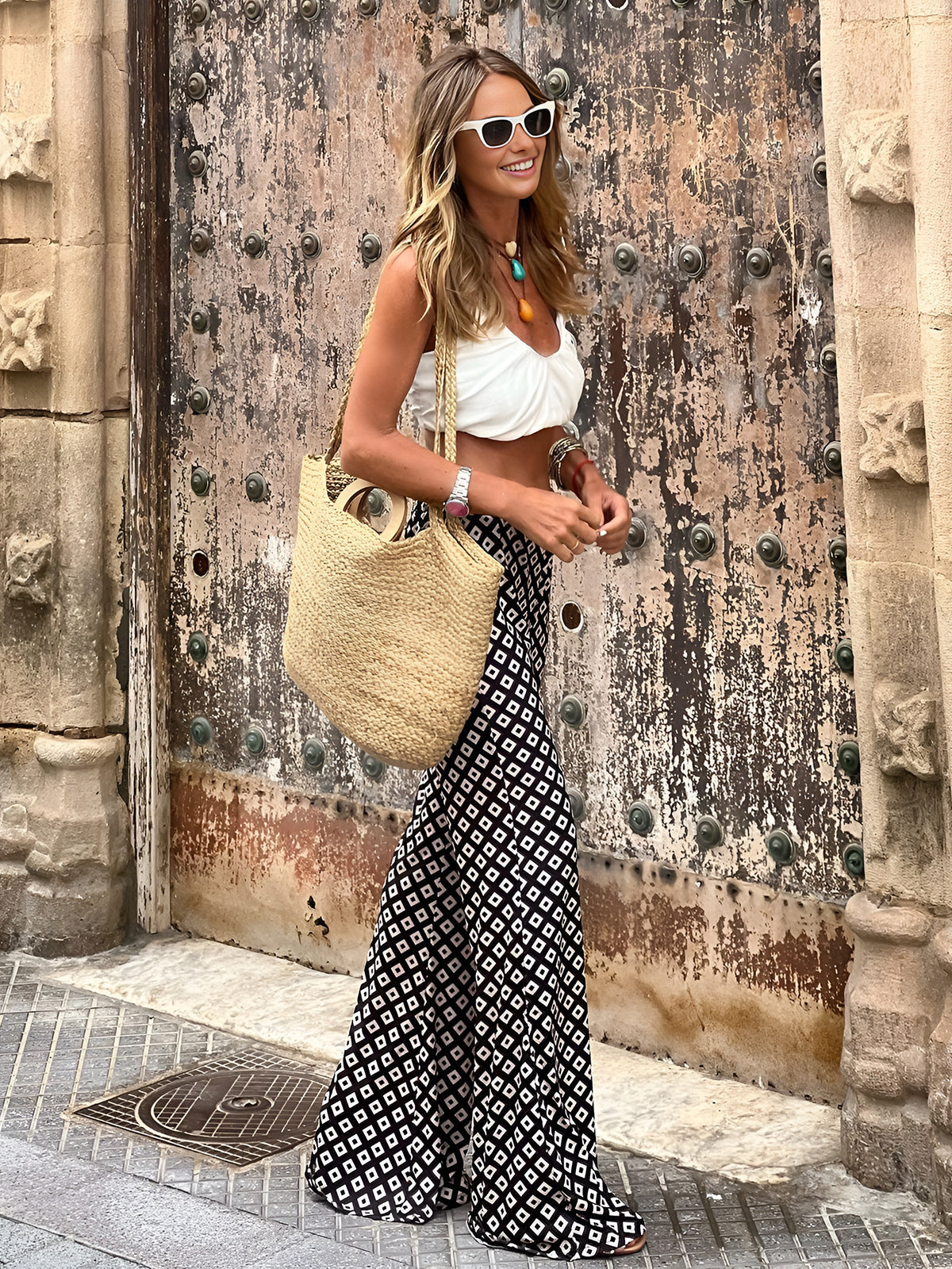 Geometrik Desenli Flare Pantolon Siyah Yüksek Bel