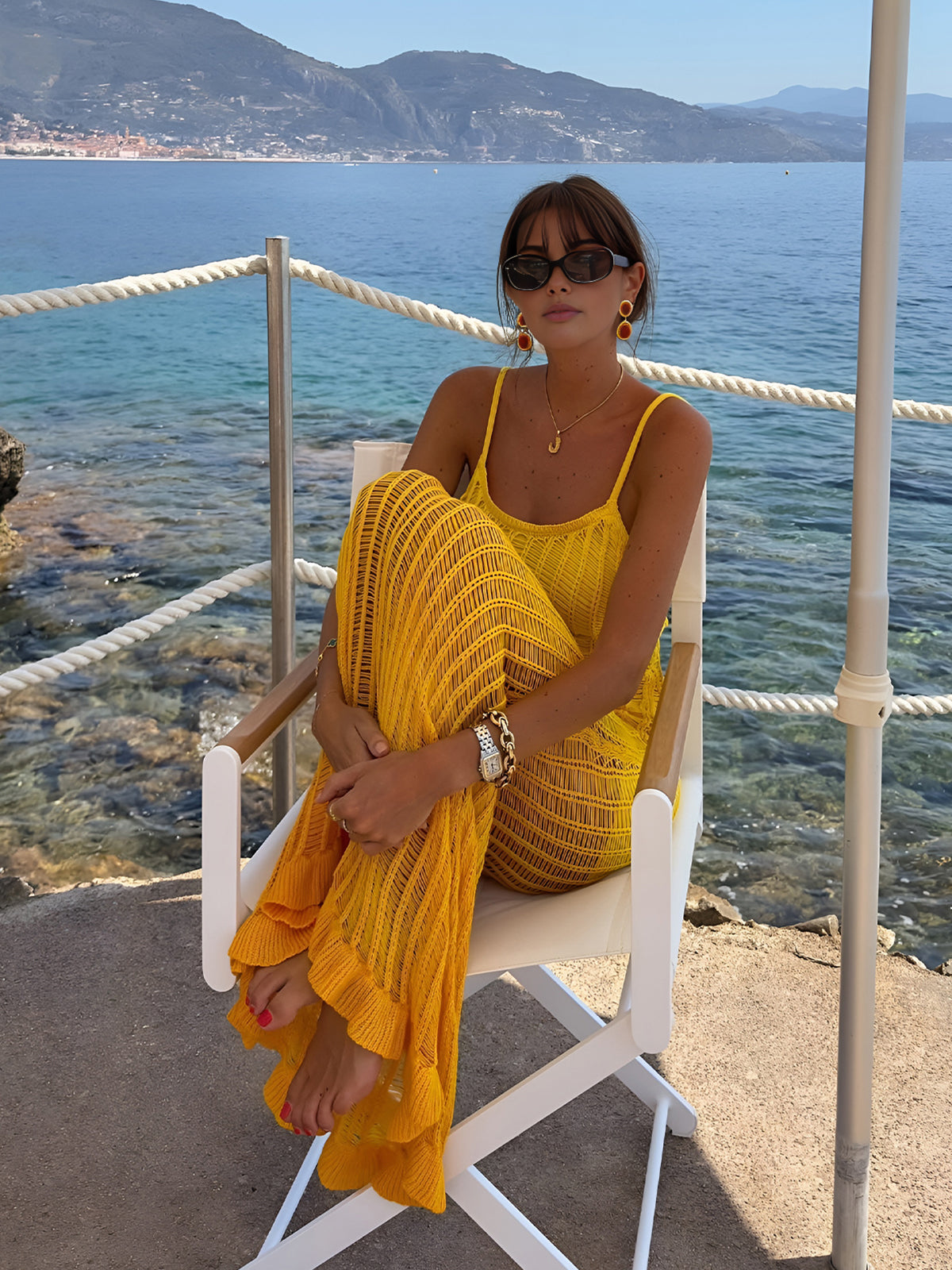 Ajur Panelli Örgü Fırfırlı Midi Elbise Sarı Kolsuz