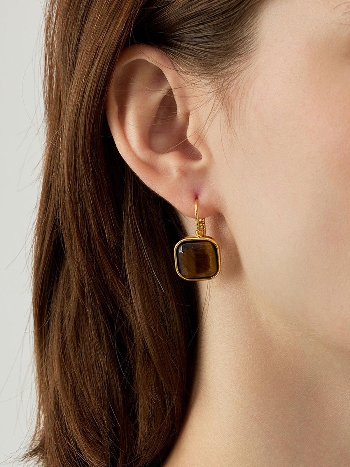 Vintage Kare Fransız Kanca Küpe Altın Kahverengi Taşlı