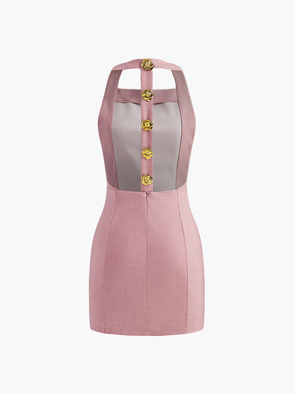 Halter Sırtı Açık Altın Düğmeli Abiye Kısa Elbise