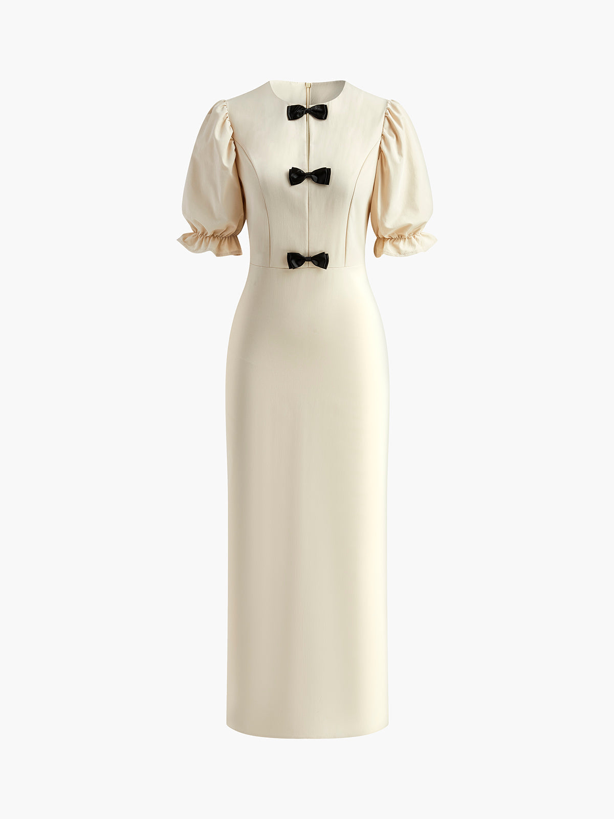 Sırtı Yırtmaçlı Puf Kollu Abiye Uzun Elbise Bej