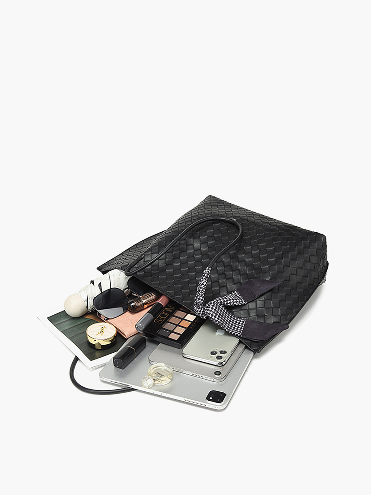 Büyük Örgülü Tote Çanta Siyah Geometrik Desenli