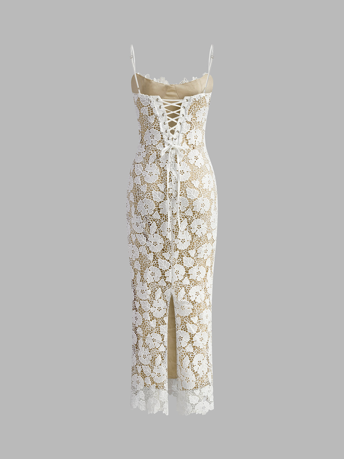 Yarı Şeffaf İki Katmanlı Dantel Abiye Elbise Beyaz Kolsuz