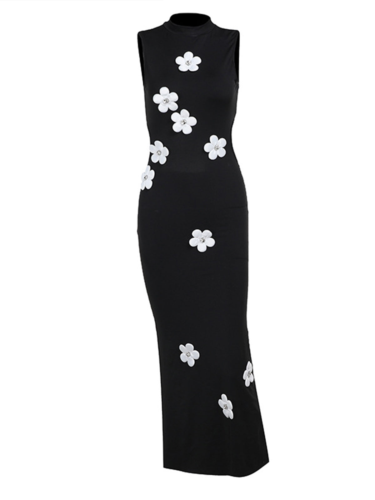 Mock Yaka 3D Çiçek Kesimli Abiye Elbise