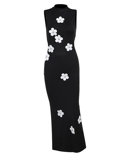 Mock Yaka 3D Çiçek Kesimli Abiye Elbise