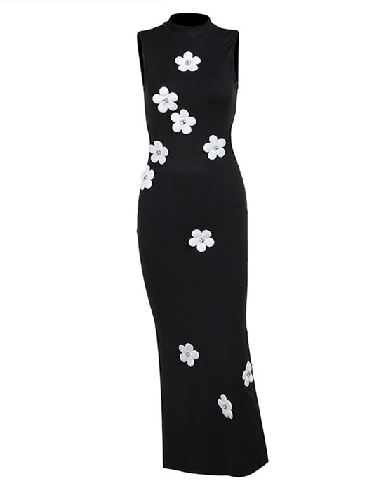 Mock Yaka 3D Çiçek Kesimli Abiye Elbise