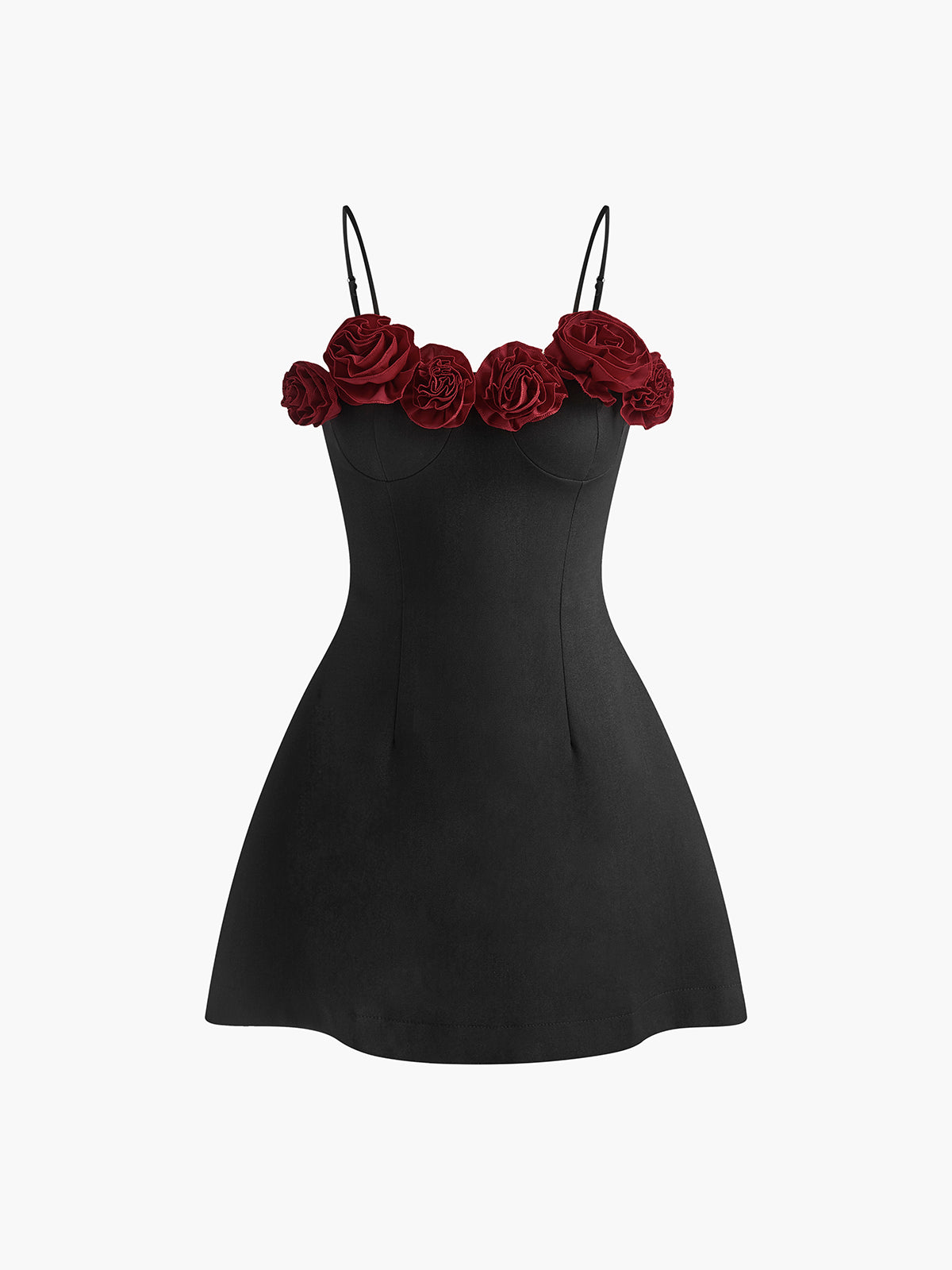 3D Gül Nakışlı Askılı Kısa Abiye Elbise Siyah