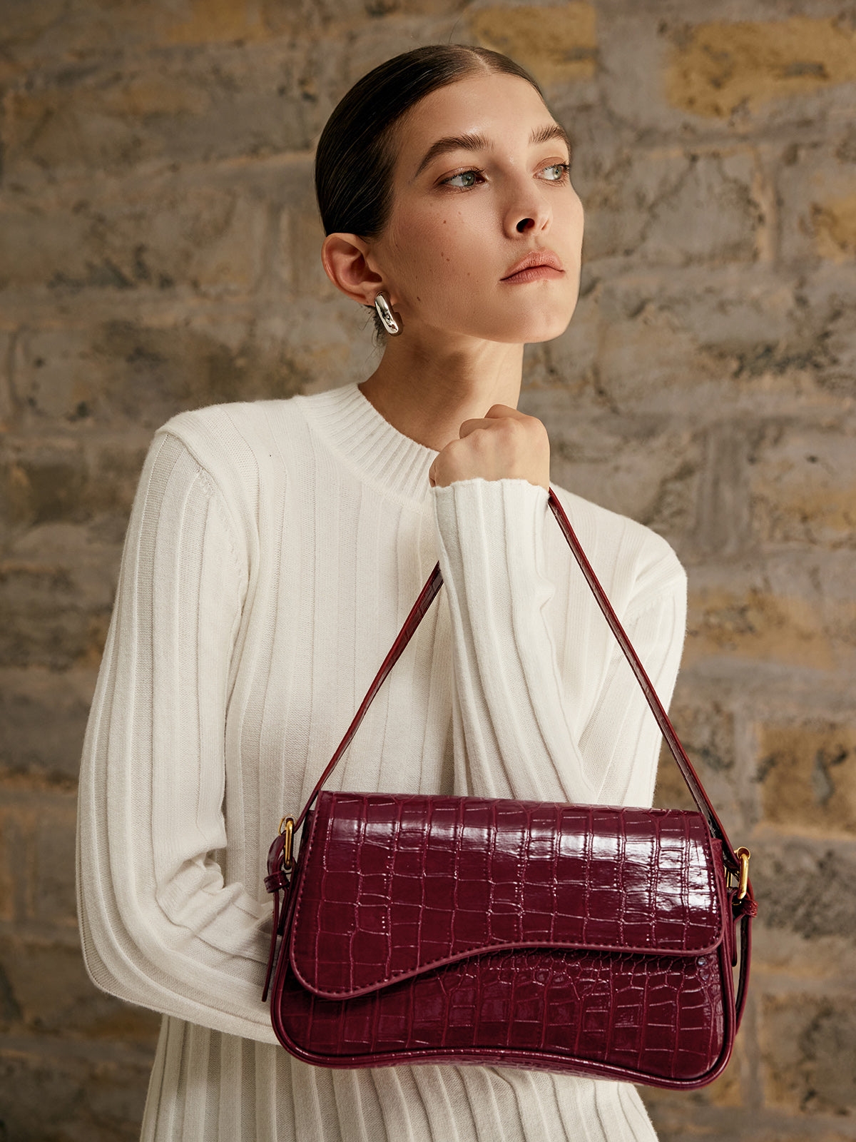 Tokalı Kareli Koltuk Altı Çantası Bordo Küçük Boy