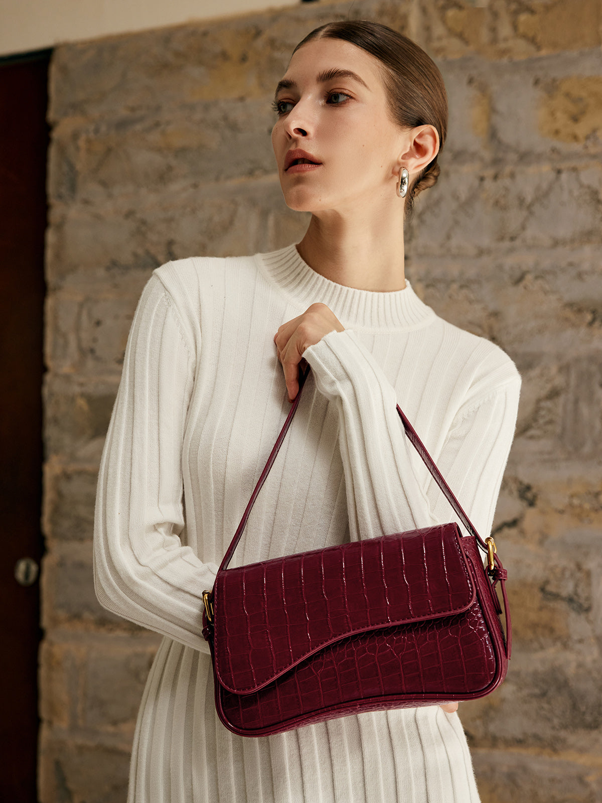 Tokalı Kareli Koltuk Altı Çantası Bordo Küçük Boy