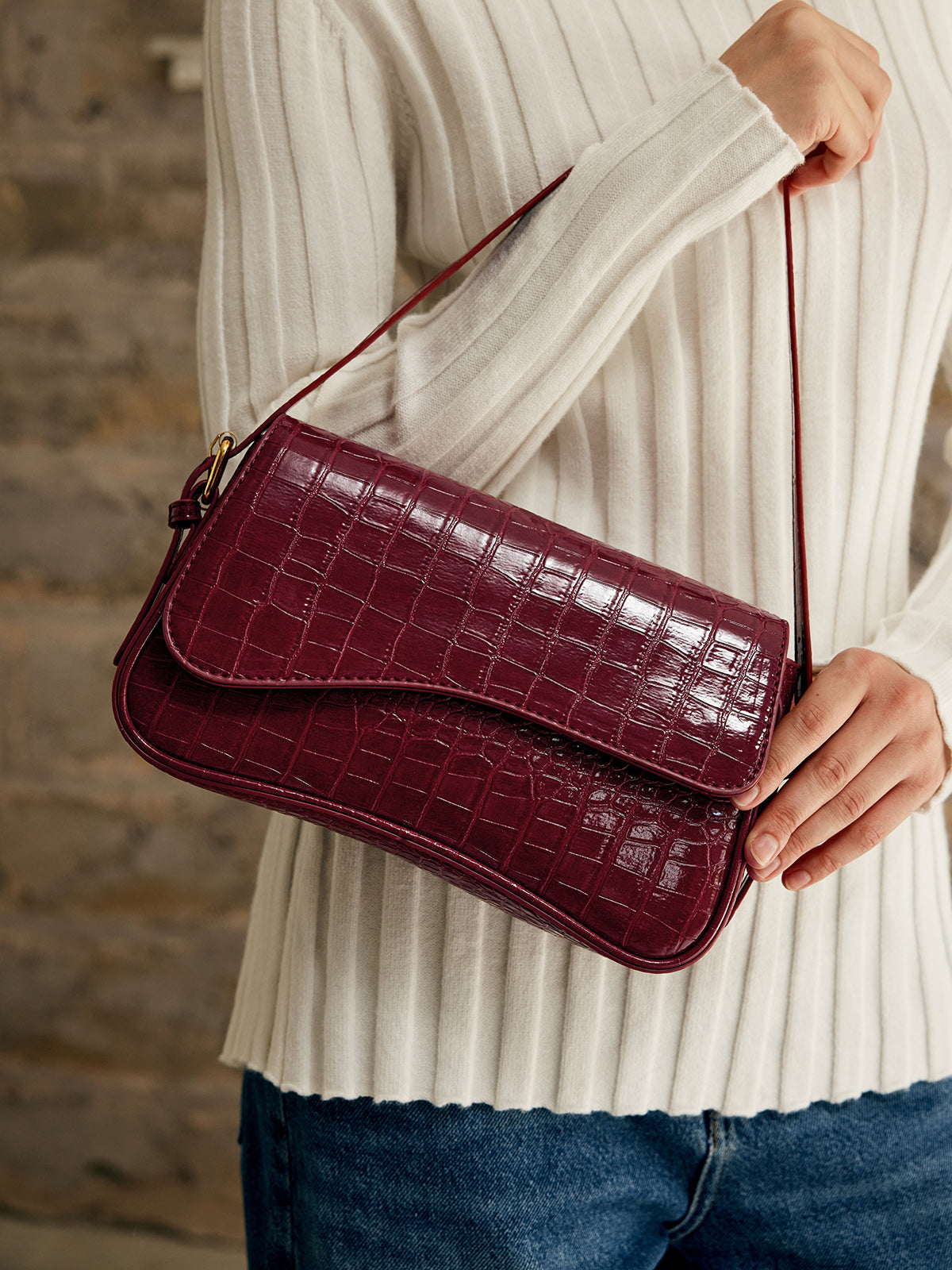 Tokalı Kareli Koltuk Altı Çantası Bordo Küçük Boy