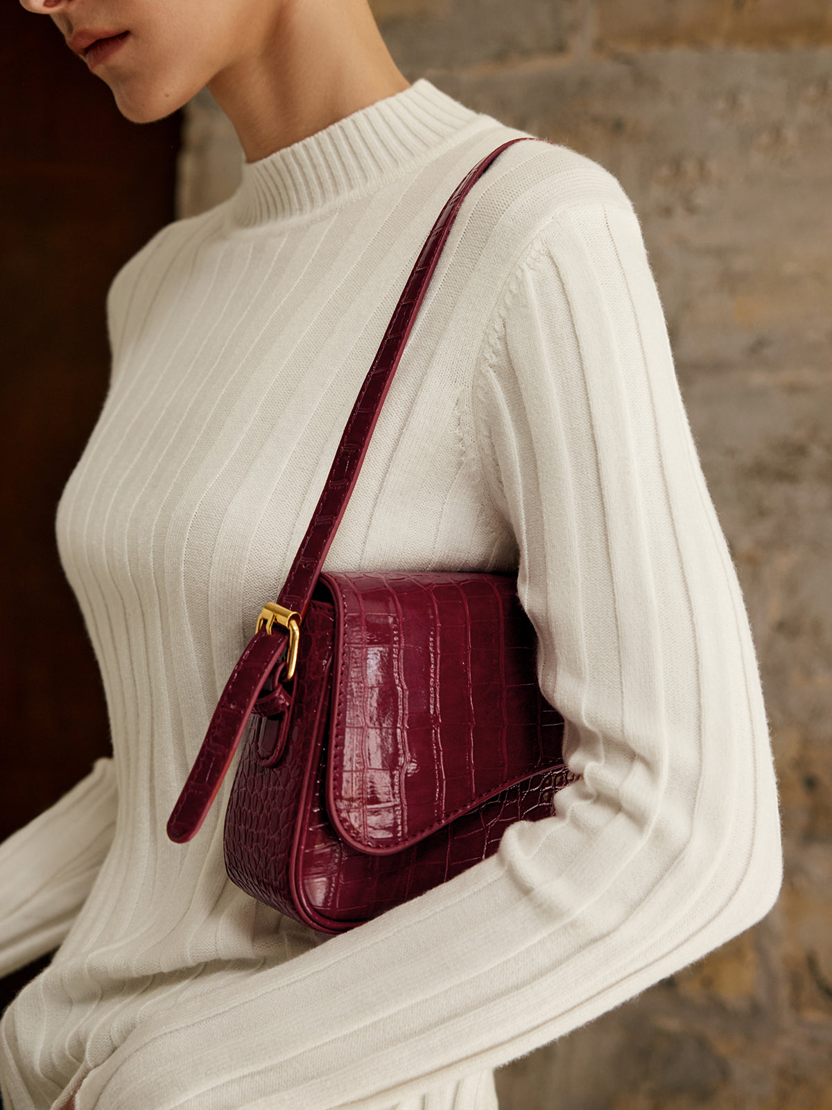 Tokalı Kareli Koltuk Altı Çantası Bordo Küçük Boy