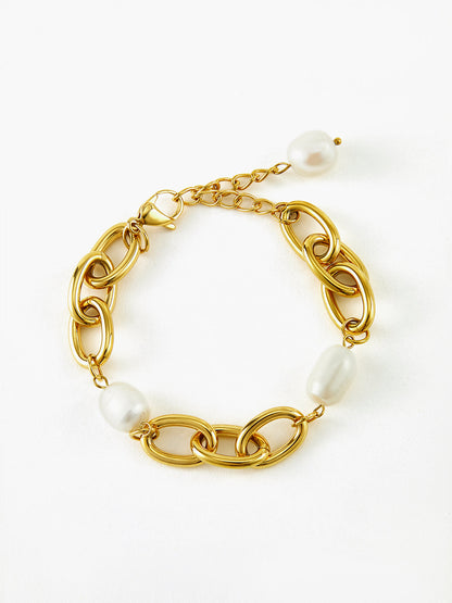 Oval İnci Altın Zincir Bilezik