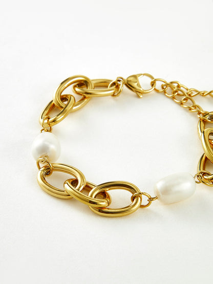 Oval İnci Altın Zincir Bilezik