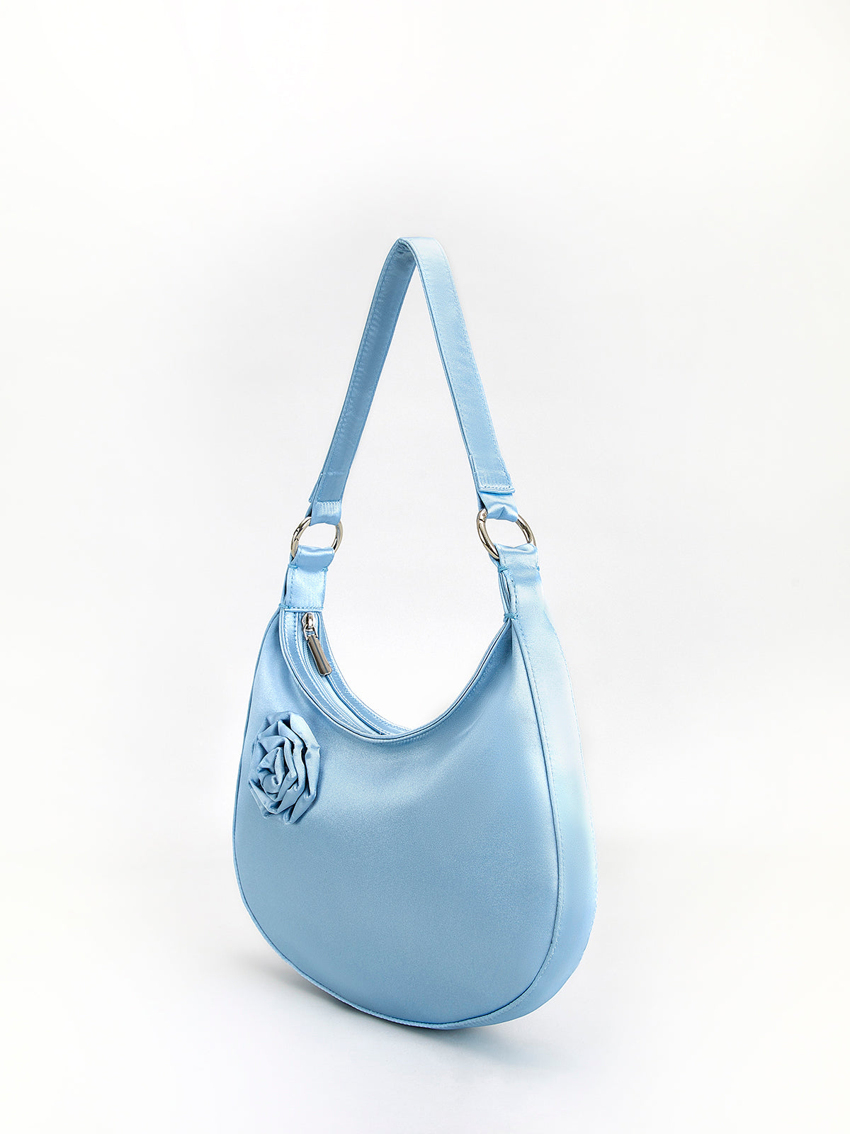 3D Çiçek Fermuarlı Hilal Çanta Açık Mavi