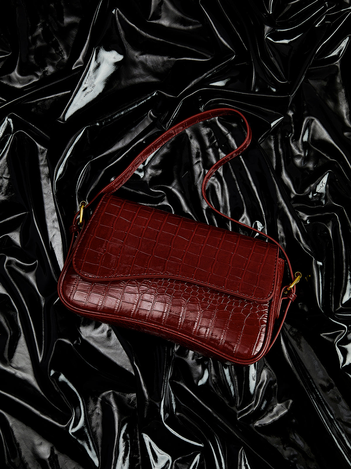 Tokalı Kareli Koltuk Altı Çantası Bordo Küçük Boy