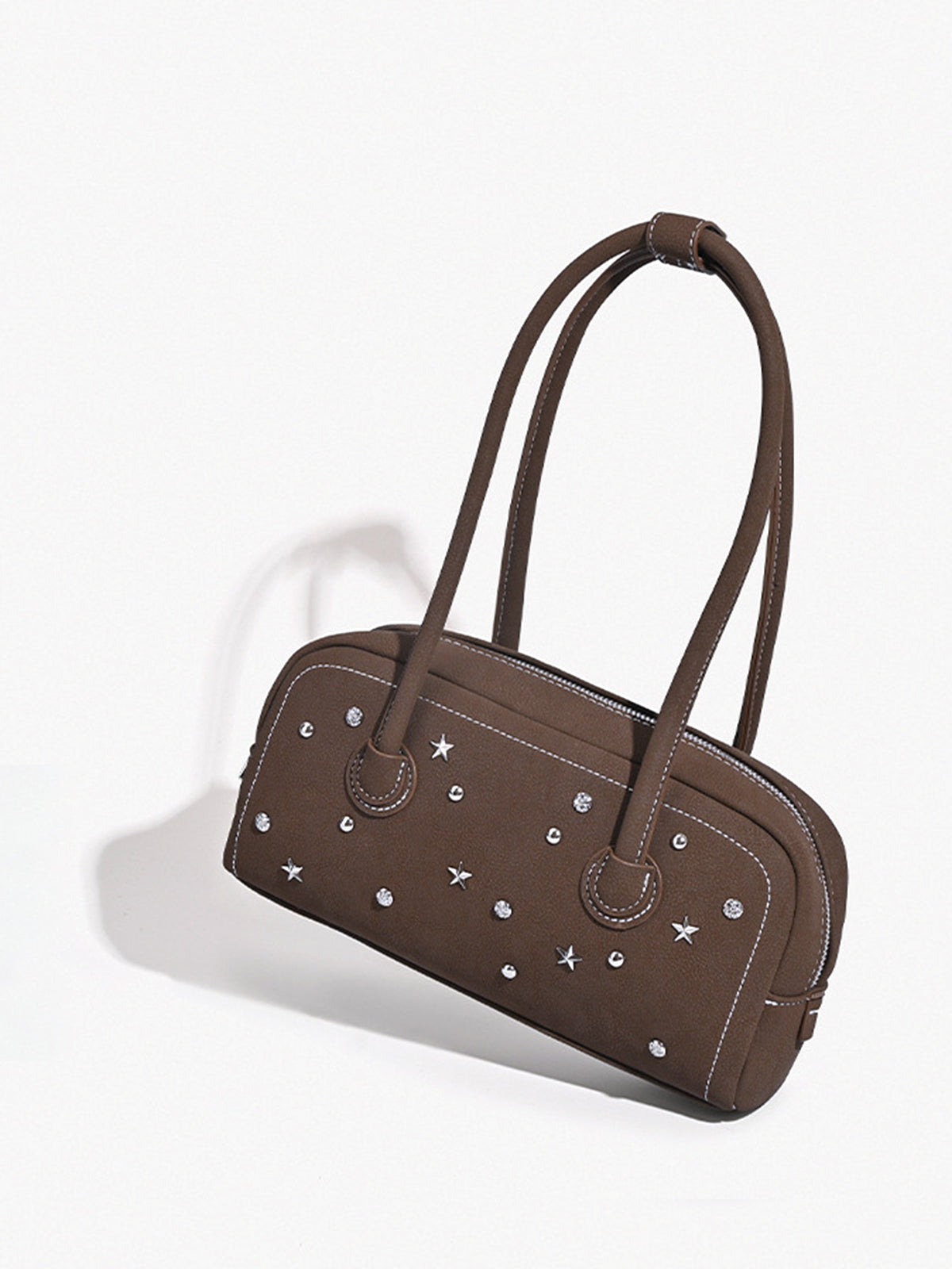 Strass Dekorlu Saplı Çanta Koyu Kahverengi Puantiyeli