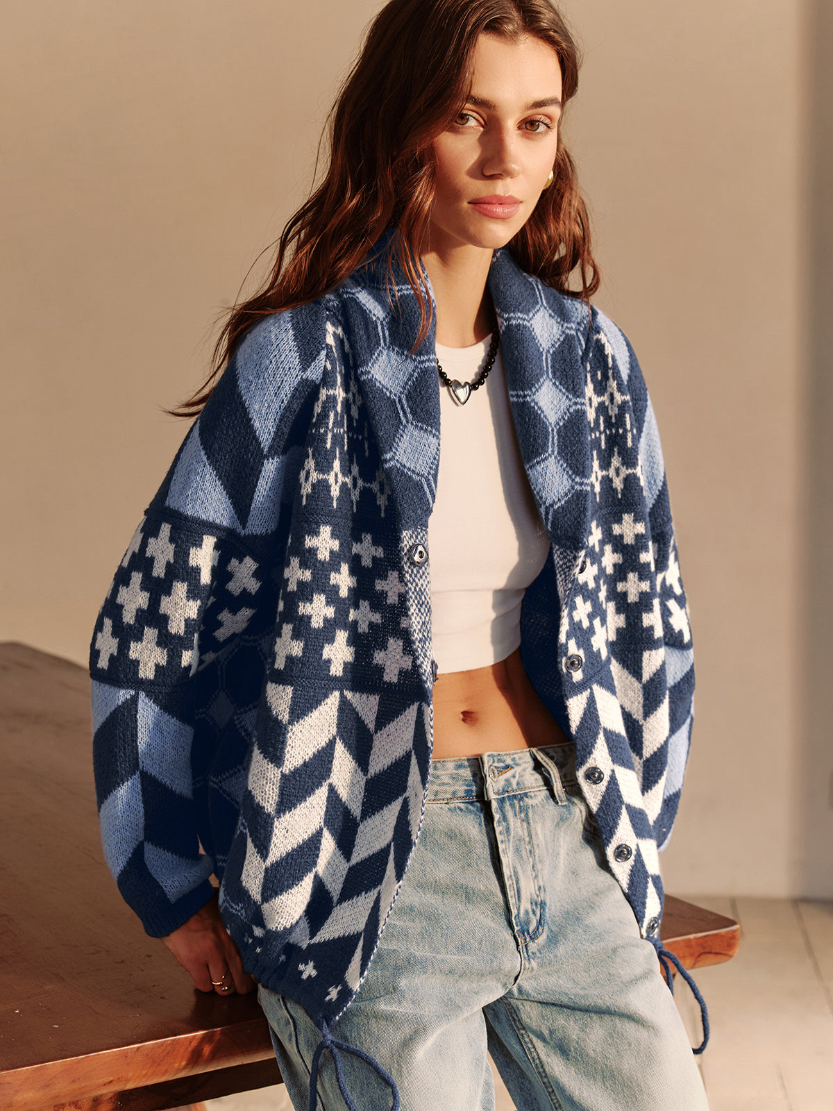 Boheme Baskılı Kıvrım Yaka Hırka Mavi Uzun Kol