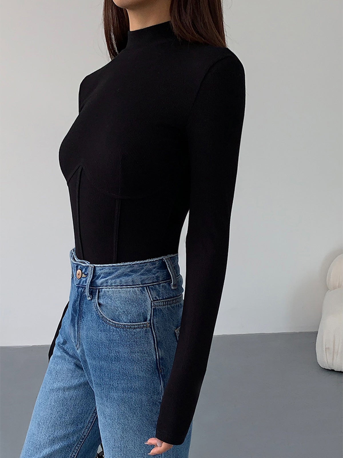 Balıkçı Yaka Nervürlü Bluz Uzun Kol Slim Fit