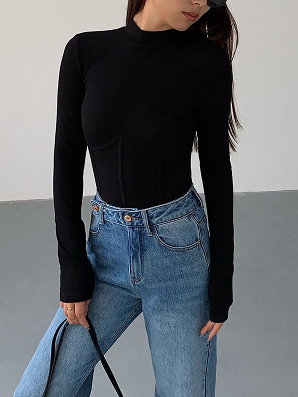 Balıkçı Yaka Nervürlü Bluz Uzun Kol Slim Fit