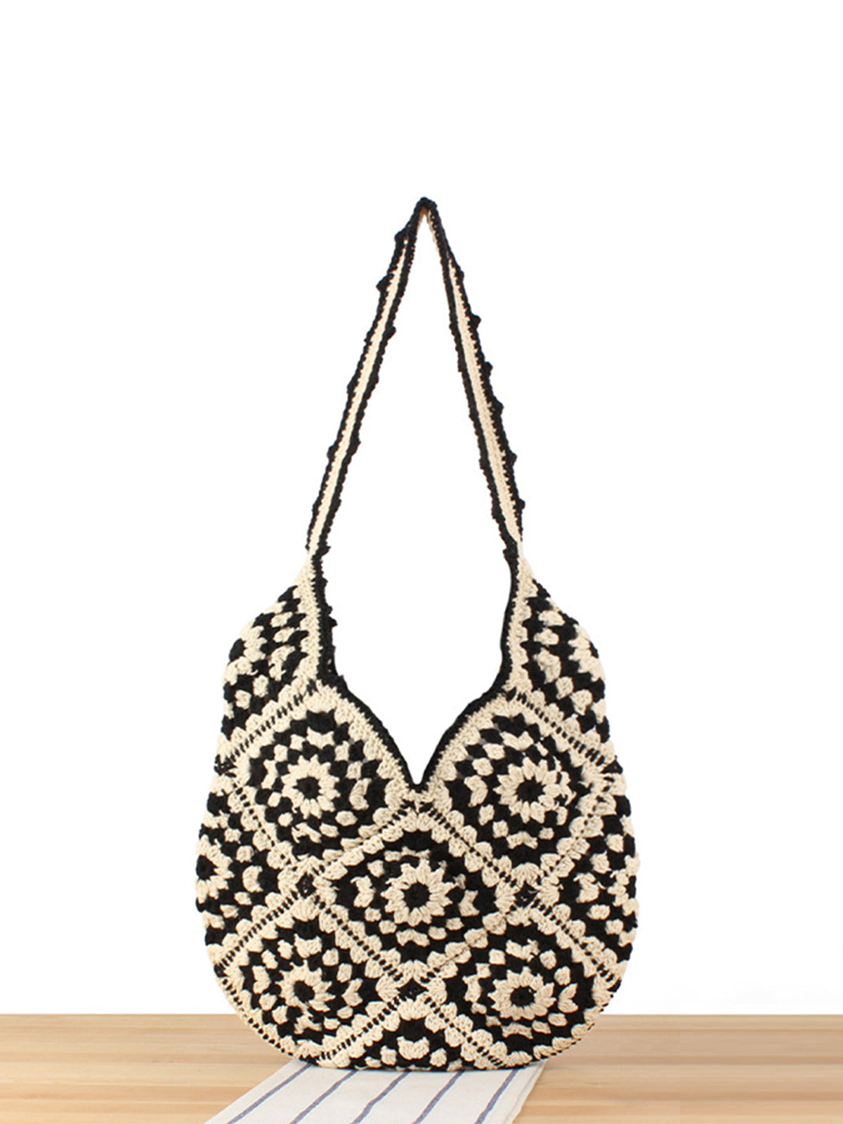 Boheme Örgü Hobo Çantası Haki Geometrik Desenli