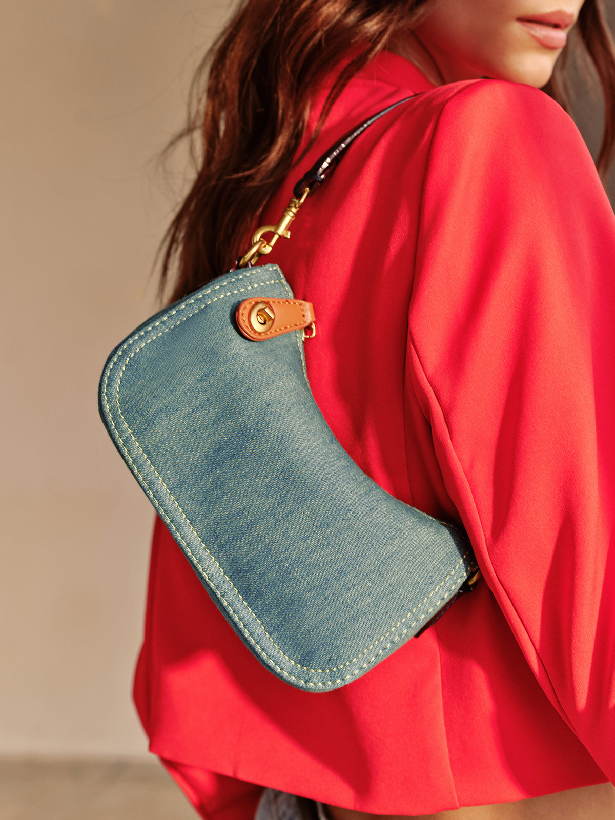 Vintage Küçük Fermuarlı Koltuk Altı Çantası Mavi