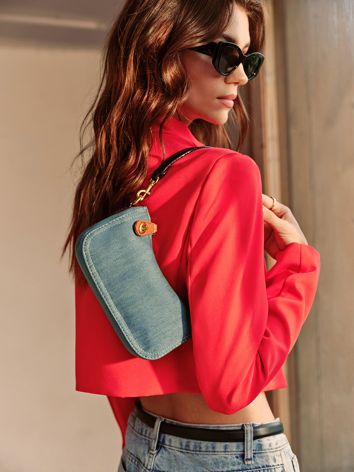 Vintage Küçük Fermuarlı Koltuk Altı Çantası Mavi