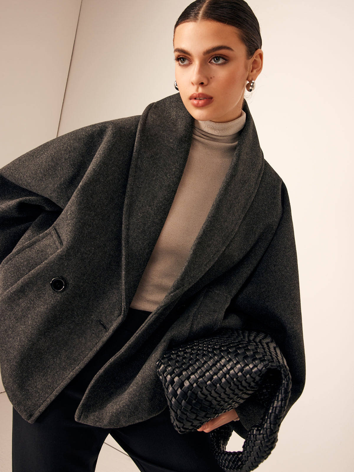 Tweed Cepli Bol Yün Manto Haki Uzun Kol