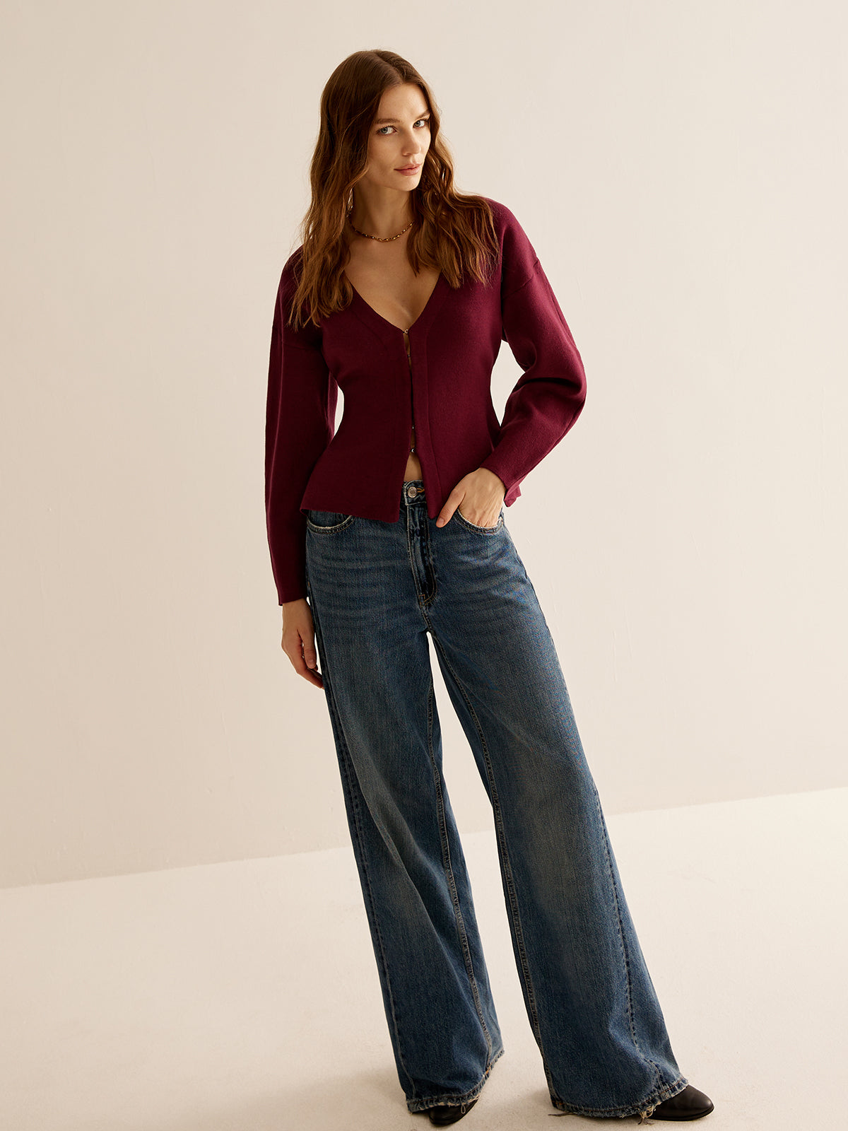 V Yaka Dar Kesim Triko Hırka Bordo Yüksek Esneklik